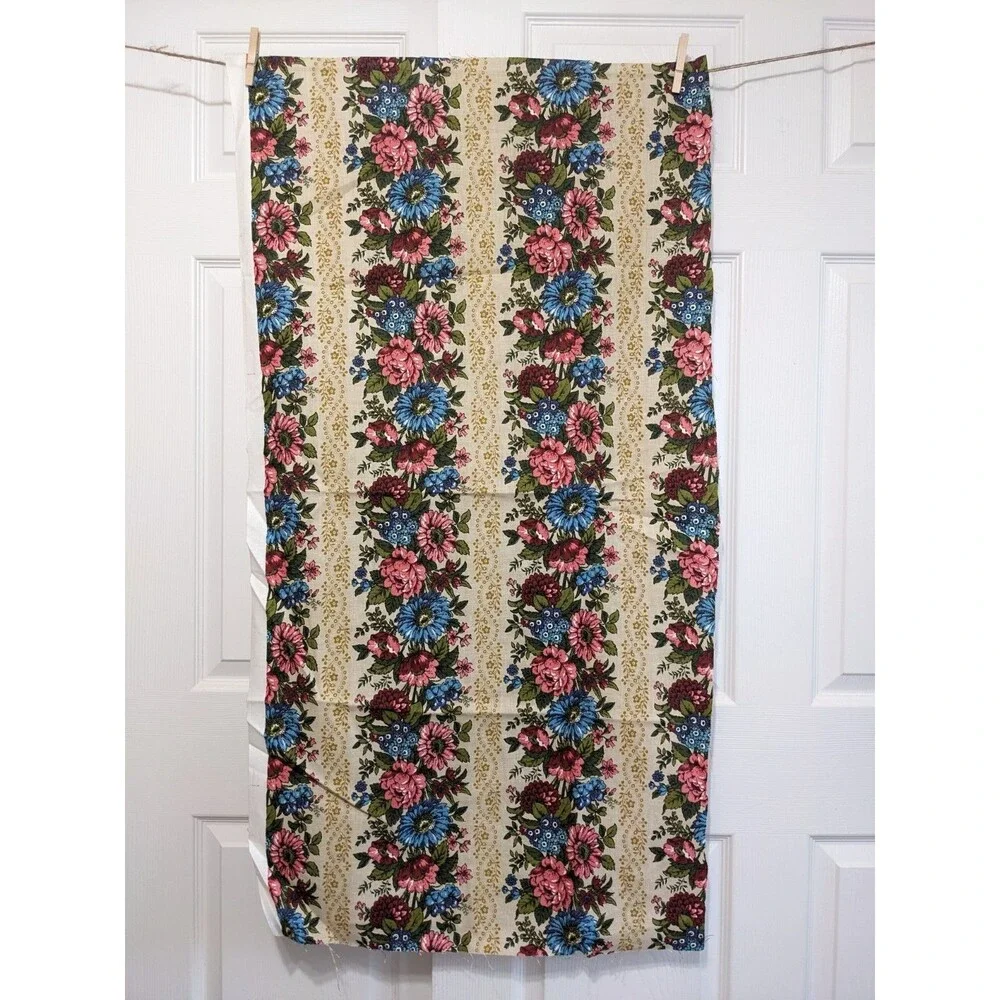 Vintage Mid-Century Floral Stripe Fabric Remnant 46